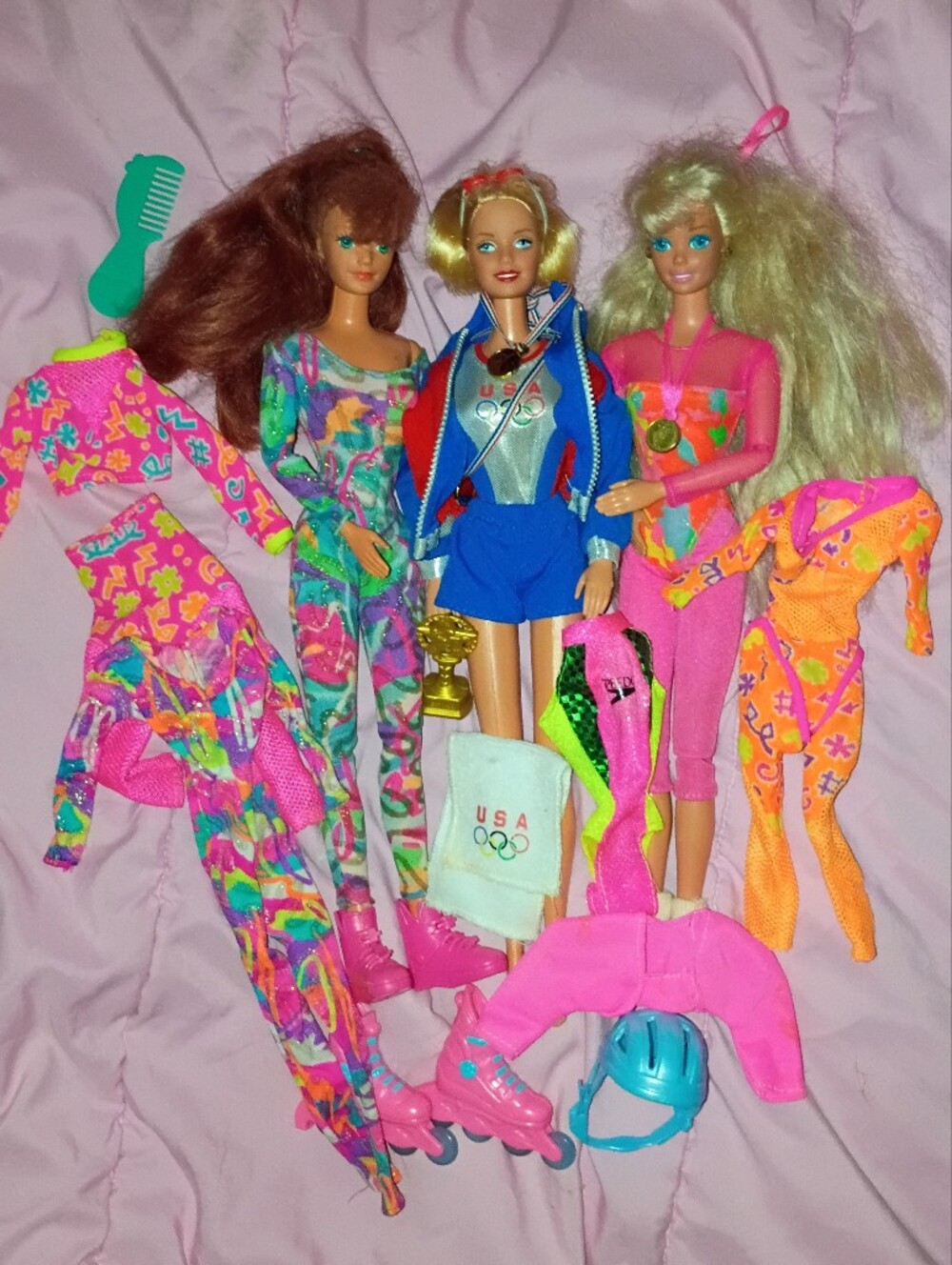 3 Vintage Olympic Athlete Swimmer Gymnast Barbie Dolls And Accessories